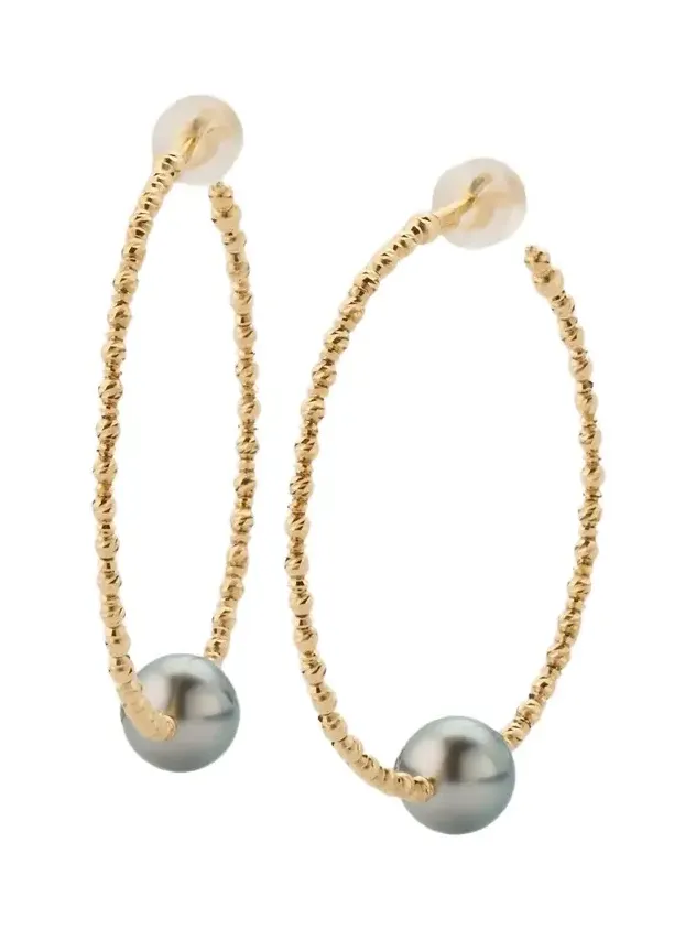 Pearls By Shari Women's 18K Gold & Tahitian Pearl Hoop Earrings