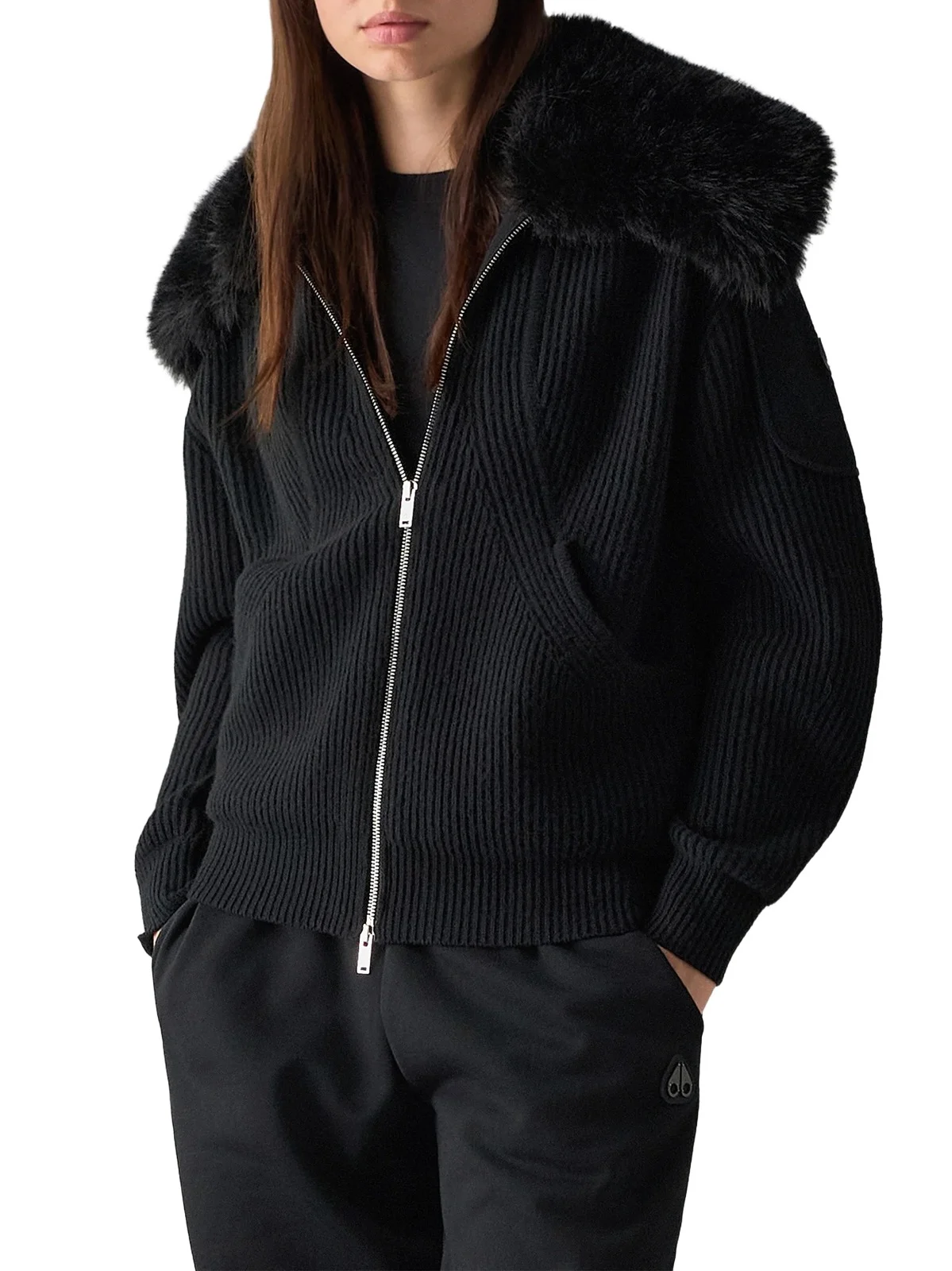 Moose Knuckles Women's Corina Faux-Fur Collar Wool Zip Sweater