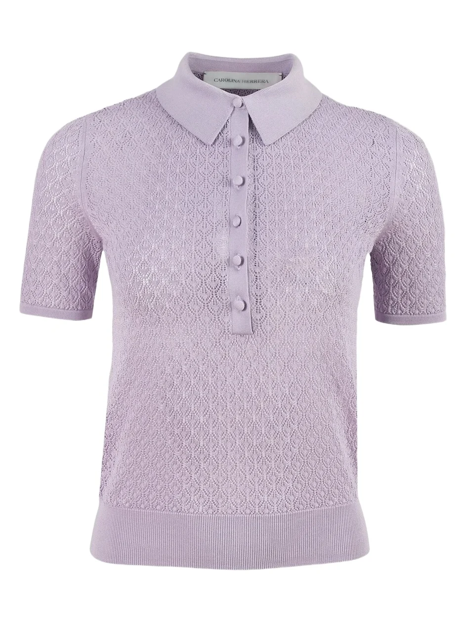 Carolina Herrera Women's Open-Knit Short-Sleeve Polo Sweater