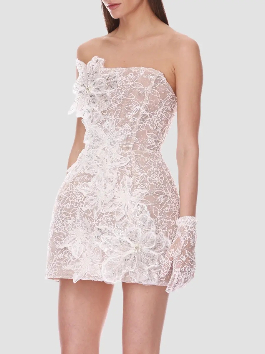 Bronx and Banco Women's 3D Floral-Embellished Lace Strapless Mini Dress | Thumbnail 3