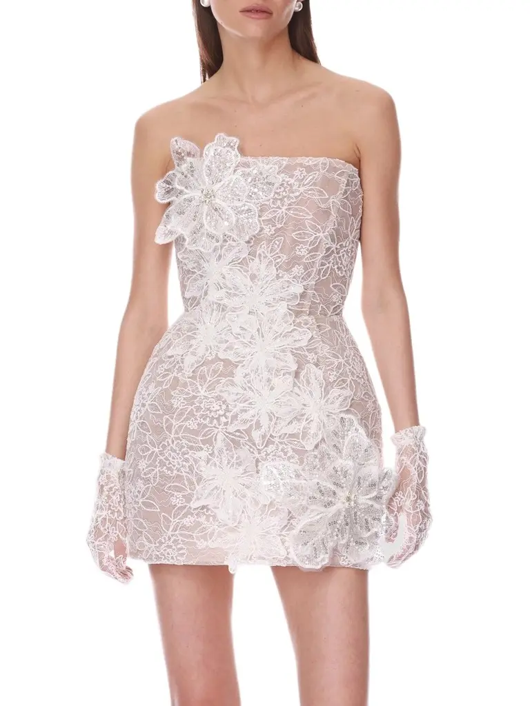 Bronx and Banco Women's 3D Floral-Embellished Lace Strapless Mini Dress
