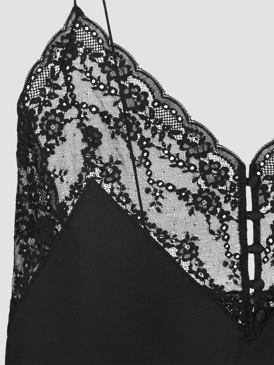 Saint Laurent Women's Top in Silk Satin Charmeuse and Lace - Black | Thumbnail 3