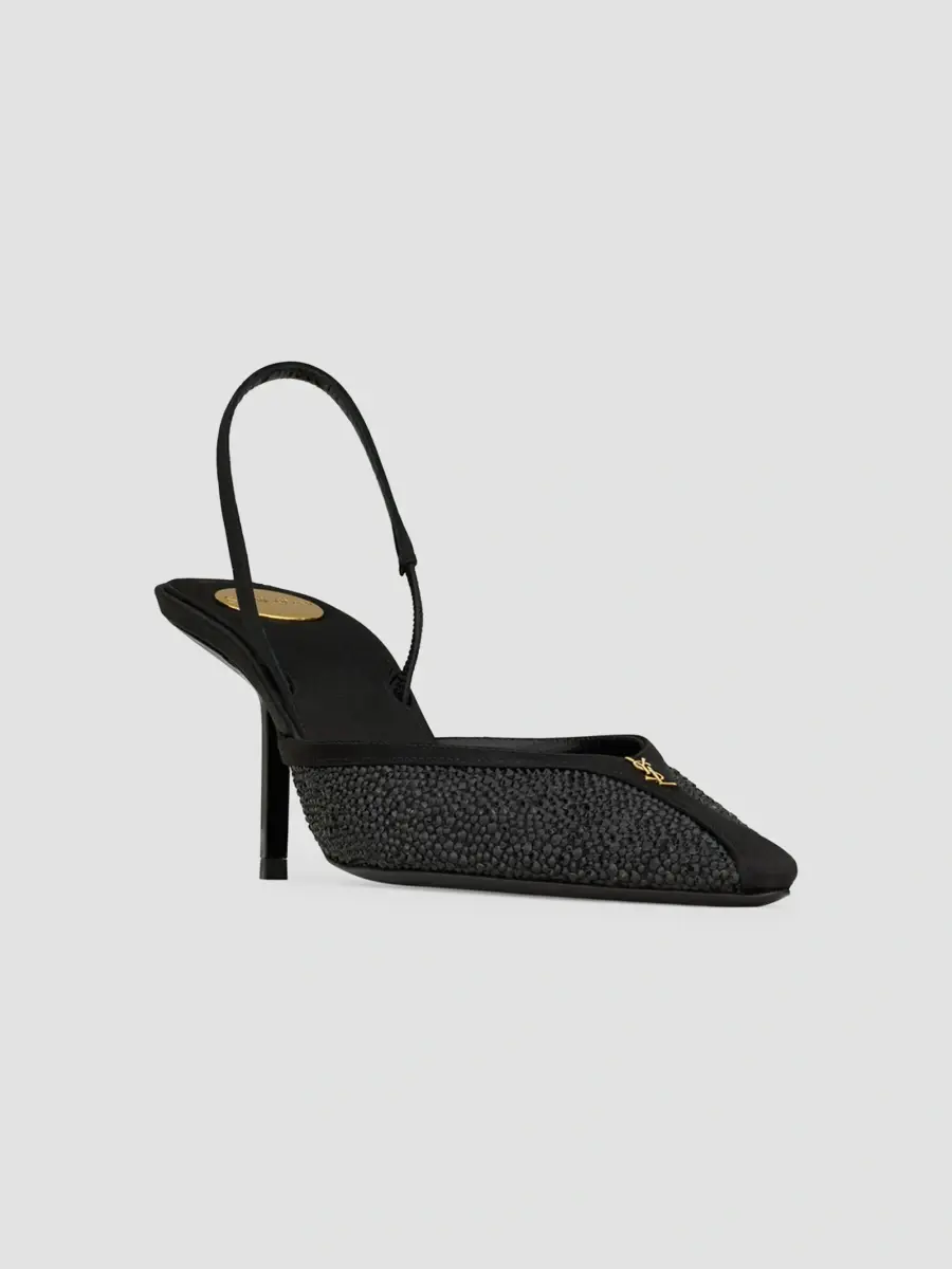Saint Laurent Women's Folie Slingback Pumps in Satin, Mesh, and Crystals - Black | Thumbnail 2 Saint Laurent Women's Folie Slingback Pumps in Satin, Mesh, and Crystals - Black | Thumbnail 2