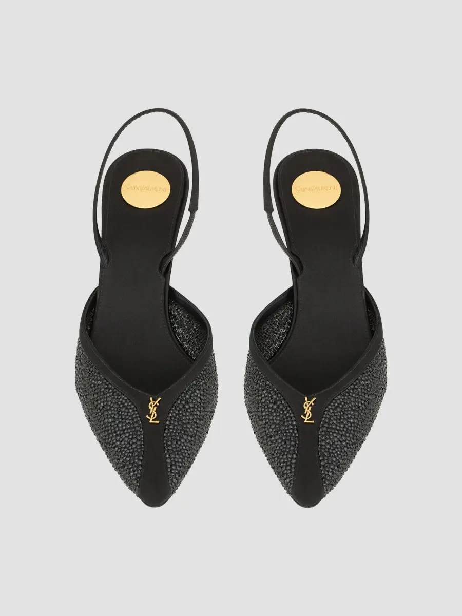Saint Laurent Women's Folie Slingback Pumps in Satin, Mesh, and Crystals - Black | Thumbnail 3 Saint Laurent Women's Folie Slingback Pumps in Satin, Mesh, and Crystals - Black | Thumbnail 3