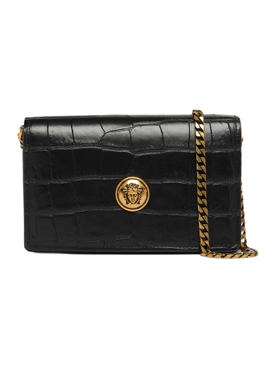 Versace Women's Emblème Mini Croc-Embossed Leather Crossbody Bag