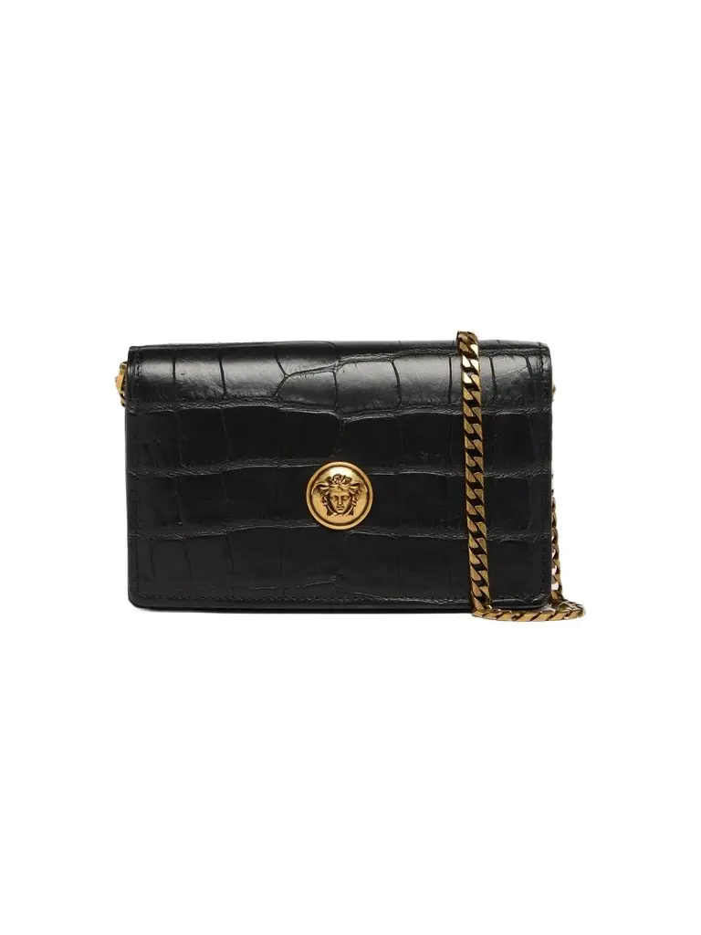 Versace Women's Emblème Mini Croc-Embossed Leather Crossbody Bag