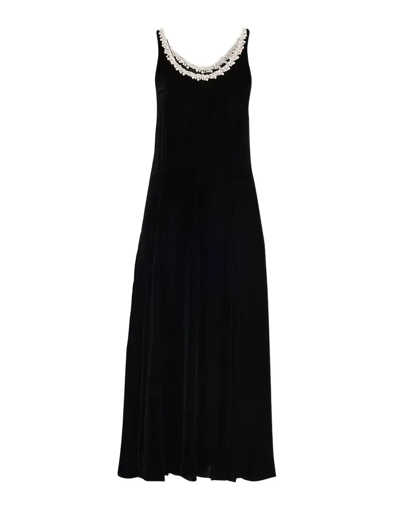 Maria McManus Pearly Beaded Scoop-Neck Velvet Midi Dress