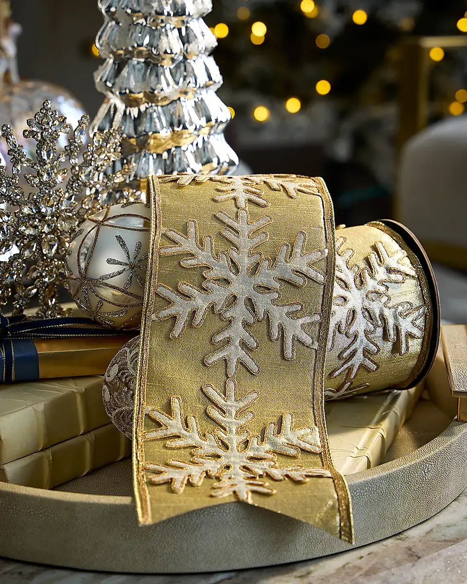 D. Stevens Snowflakes on Metallic Dupion Ribbon, 4"W x 5 Yards