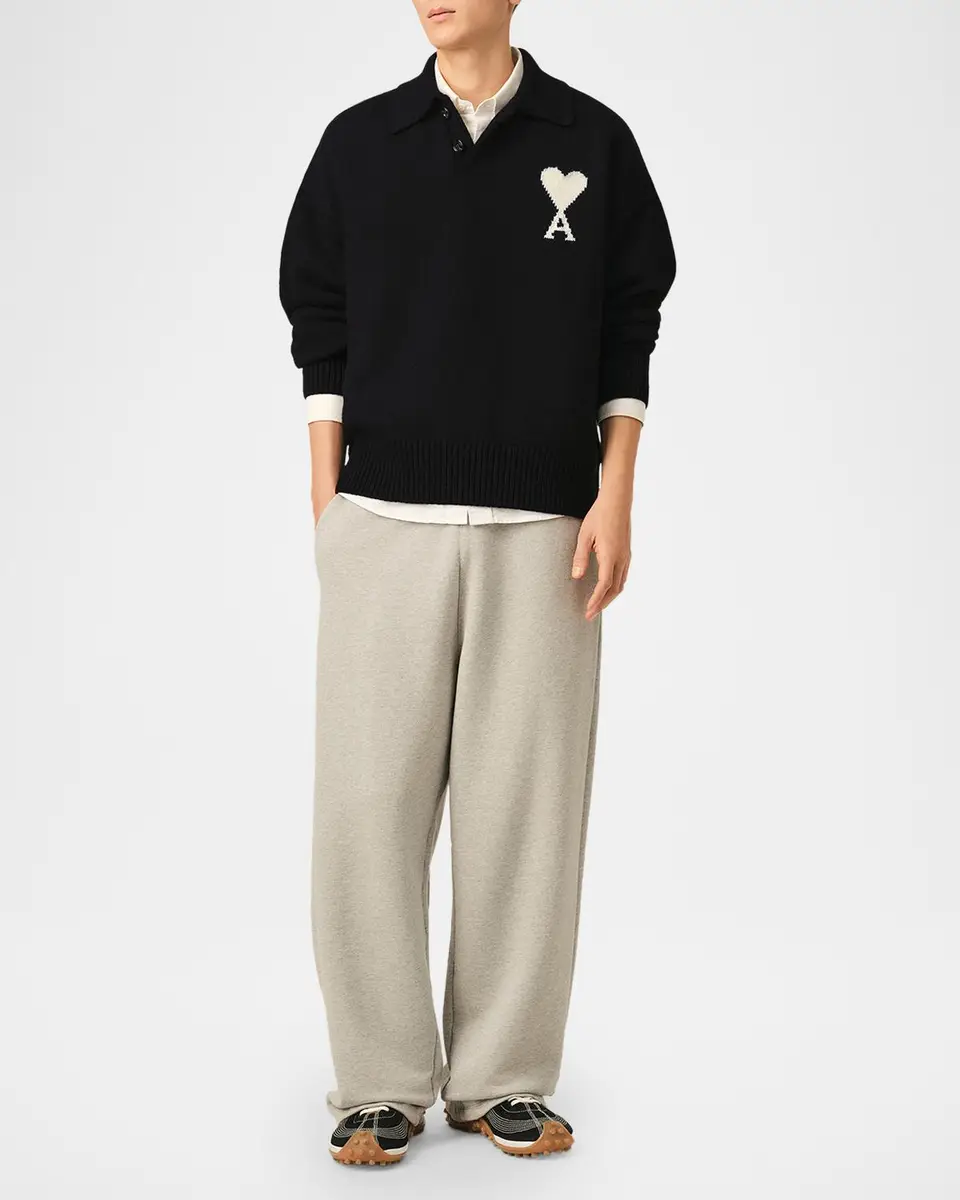 AMI PARIS Men's Wool Intarsia-Logo Half-Zip Polo Sweater | Thumbnail 2 AMI PARIS Men's Wool Intarsia-Logo Half-Zip Polo Sweater | Thumbnail 2