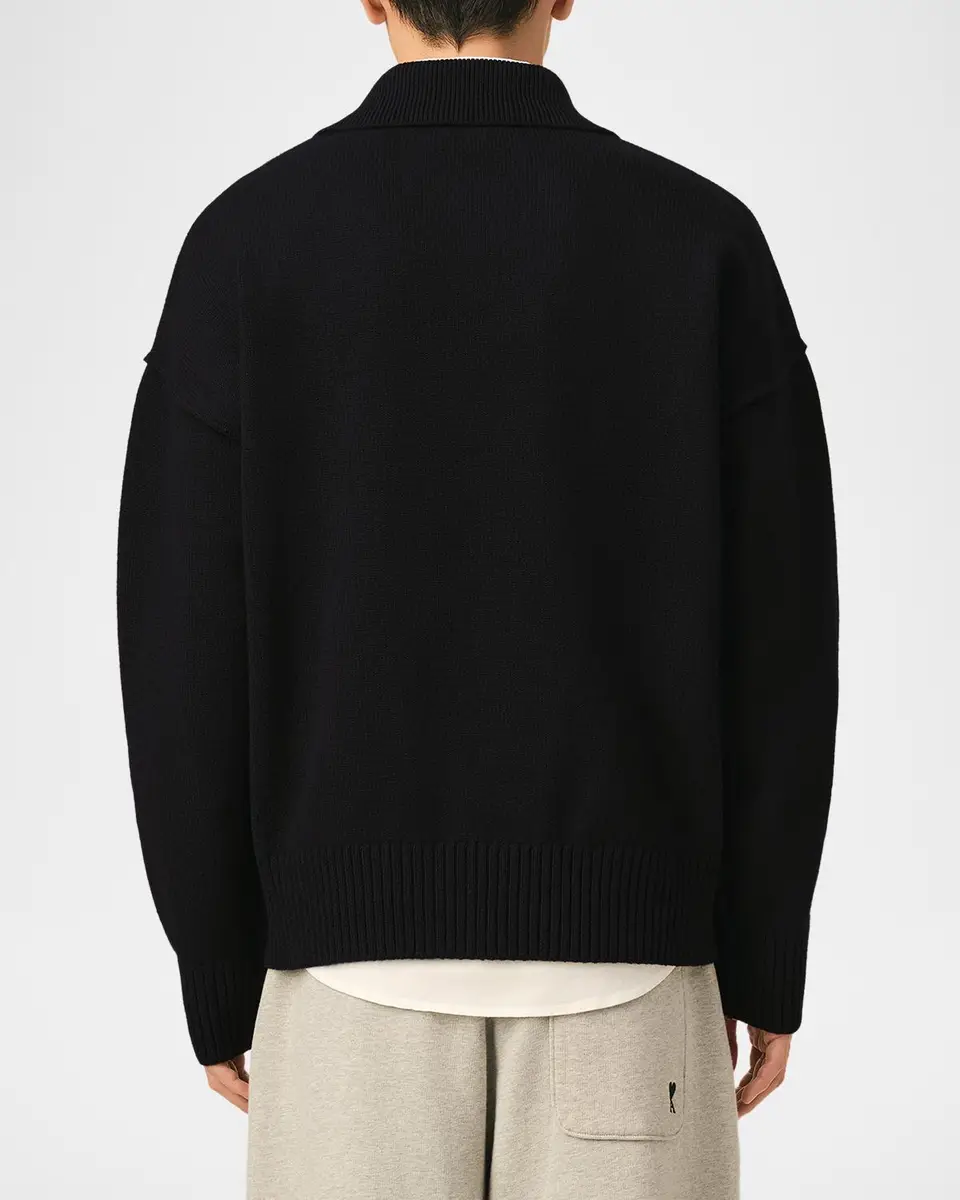 AMI PARIS Men's Wool Intarsia-Logo Half-Zip Polo Sweater | Thumbnail 3 AMI PARIS Men's Wool Intarsia-Logo Half-Zip Polo Sweater | Thumbnail 3