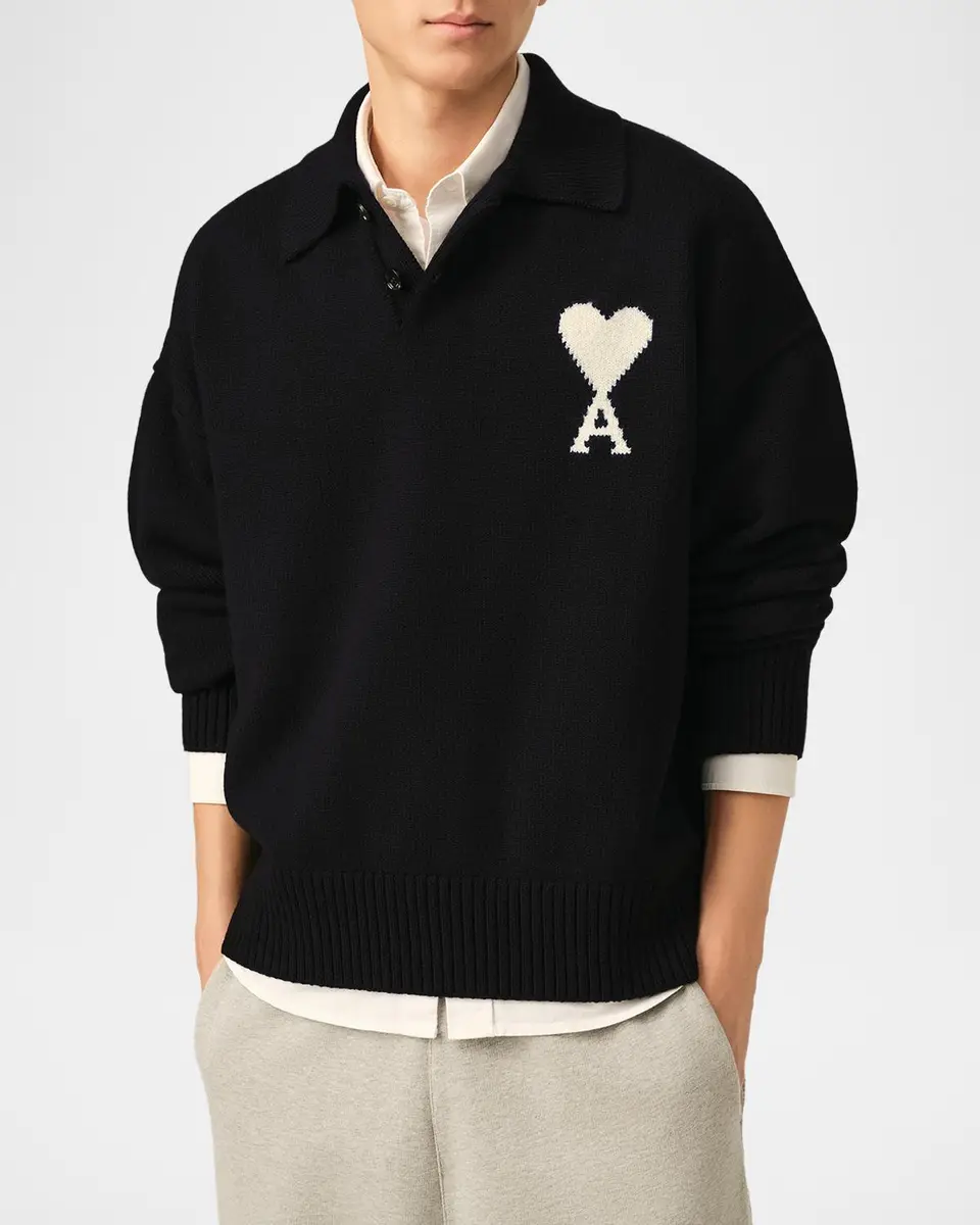 AMI PARIS Men's Wool Intarsia-Logo Half-Zip Polo Sweater | Thumbnail 4 AMI PARIS Men's Wool Intarsia-Logo Half-Zip Polo Sweater | Thumbnail 4