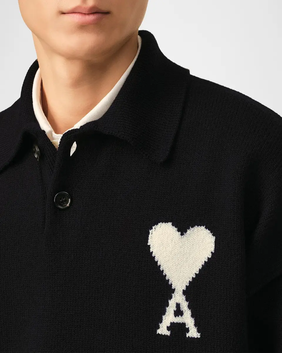 AMI PARIS Men's Wool Intarsia-Logo Half-Zip Polo Sweater | Thumbnail 5 AMI PARIS Men's Wool Intarsia-Logo Half-Zip Polo Sweater | Thumbnail 5