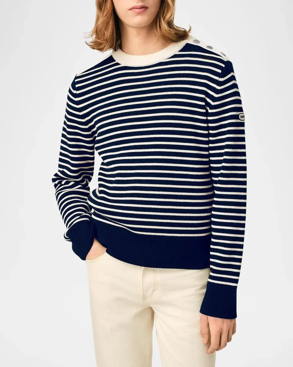 AMI PARIS Button-Shoulder Striped Wool Crewneck Sweater | Thumbnail 4 AMI PARIS Button-Shoulder Striped Wool Crewneck Sweater | Thumbnail 4