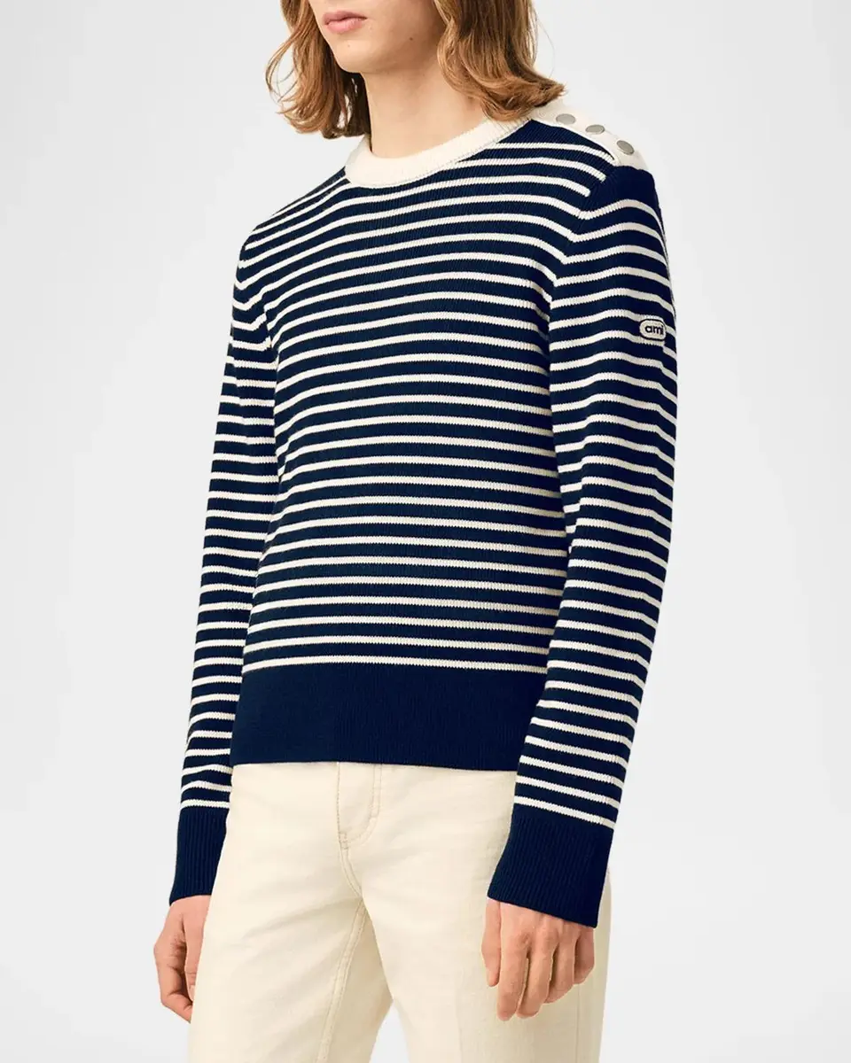 AMI PARIS Button-Shoulder Striped Wool Crewneck Sweater | Thumbnail 6 AMI PARIS Button-Shoulder Striped Wool Crewneck Sweater | Thumbnail 6