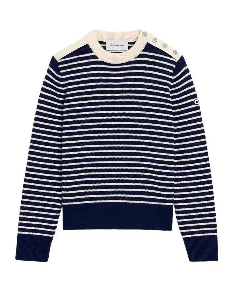 Button-Shoulder Striped Wool Crewneck Sweater Button-Shoulder Striped Wool Crewneck Sweater