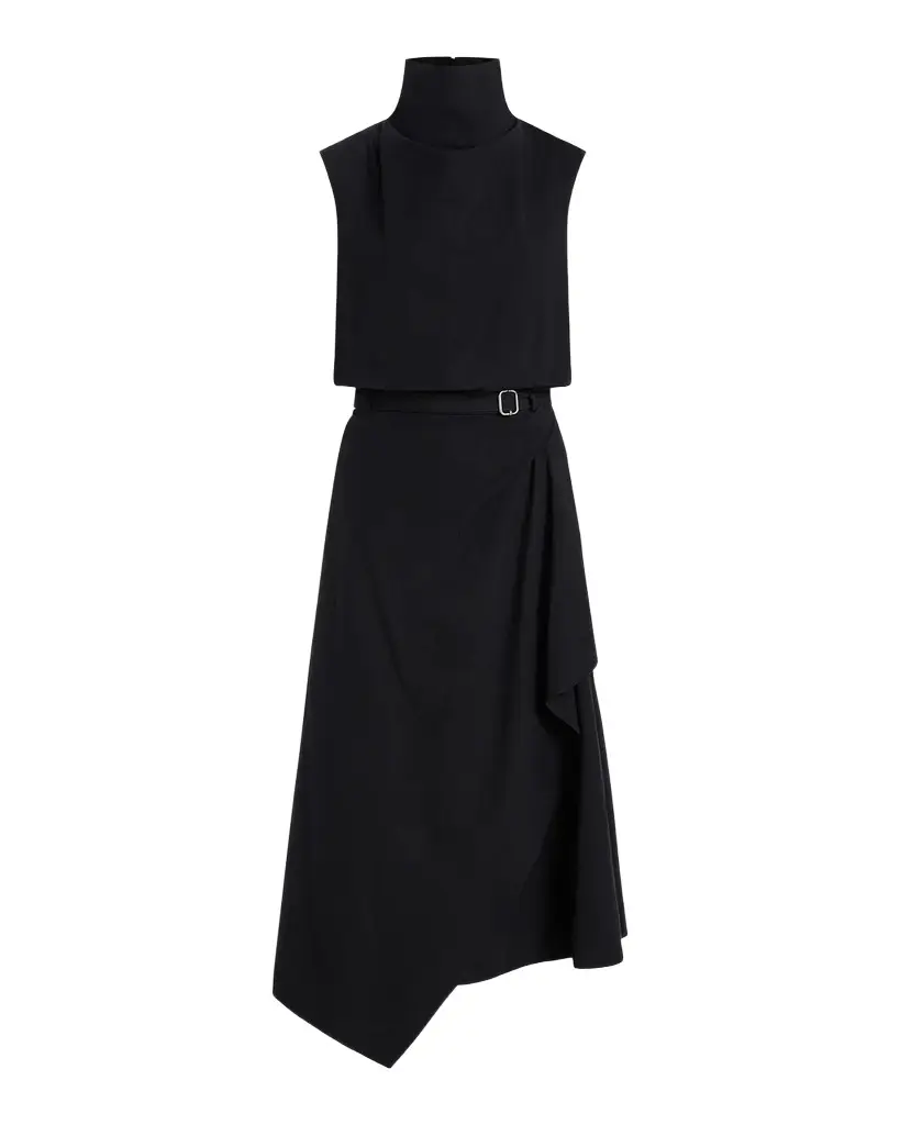 Creased Stretch Cotton Funnel-Neck Wrap Dress Creased Stretch Cotton Funnel-Neck Wrap Dress