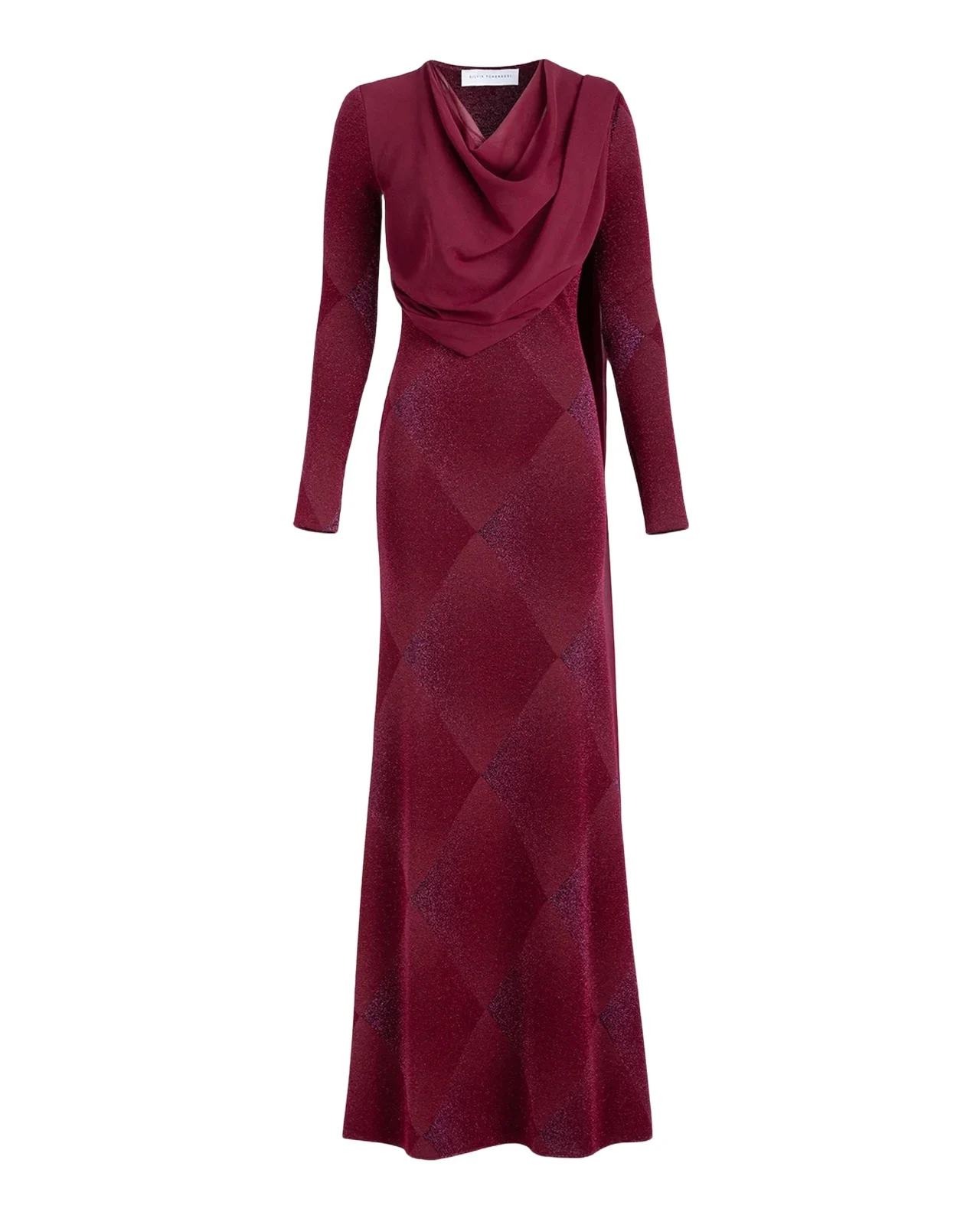 Moon Shimmer Diamond Velvet Draped Long-Sleeve Maxi Dress