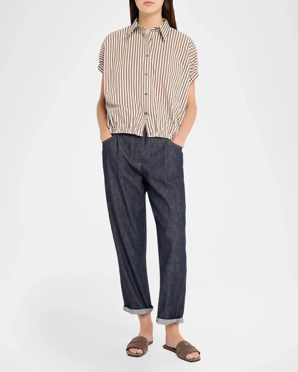 Brunello Cucinelli Short-Sleeve Striped Cotton Poplin Button-Down Shirt | Thumbnail 2 Brunello Cucinelli Short-Sleeve Striped Cotton Poplin Button-Down Shirt | Thumbnail 2