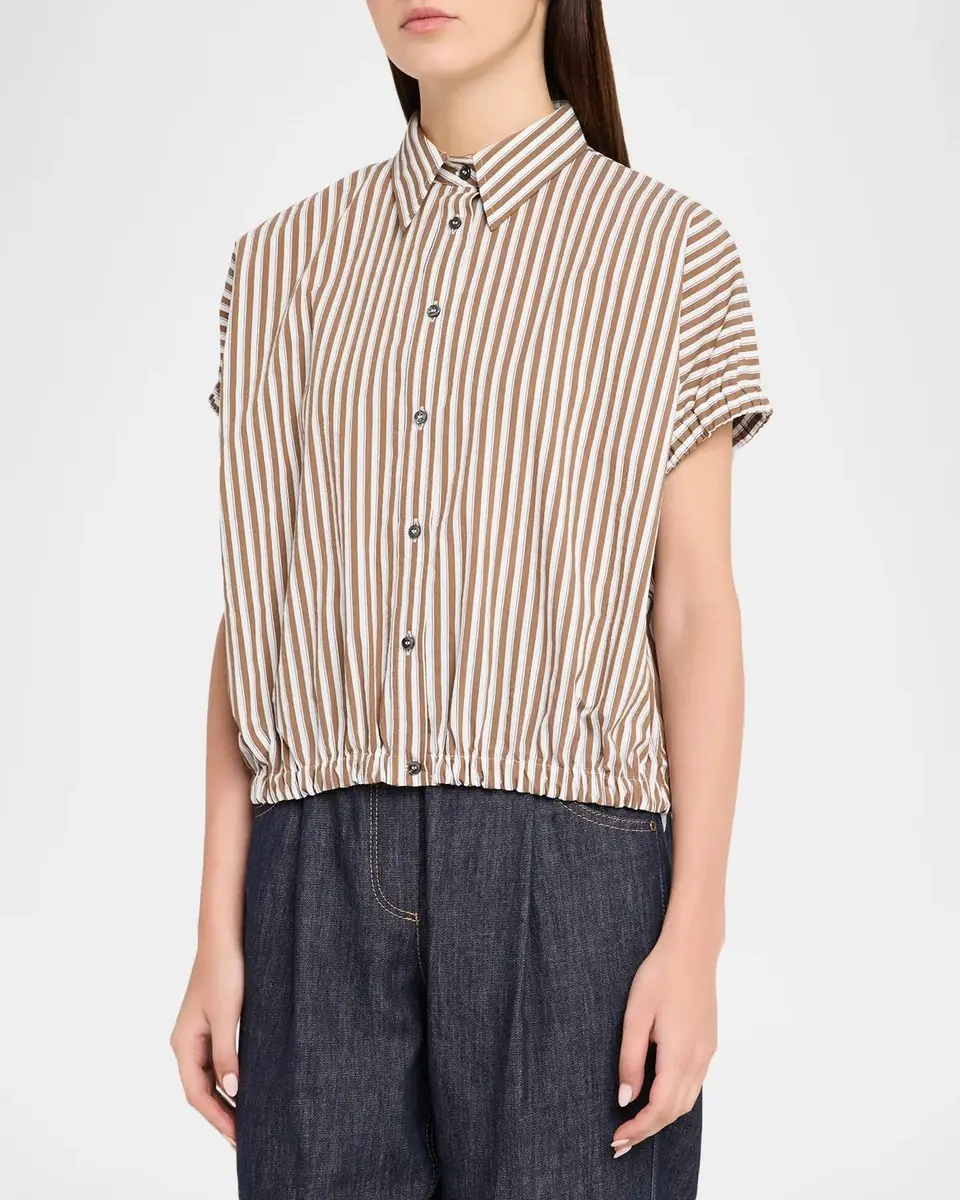 Brunello Cucinelli Short-Sleeve Striped Cotton Poplin Button-Down Shirt | Thumbnail 4 Brunello Cucinelli Short-Sleeve Striped Cotton Poplin Button-Down Shirt | Thumbnail 4