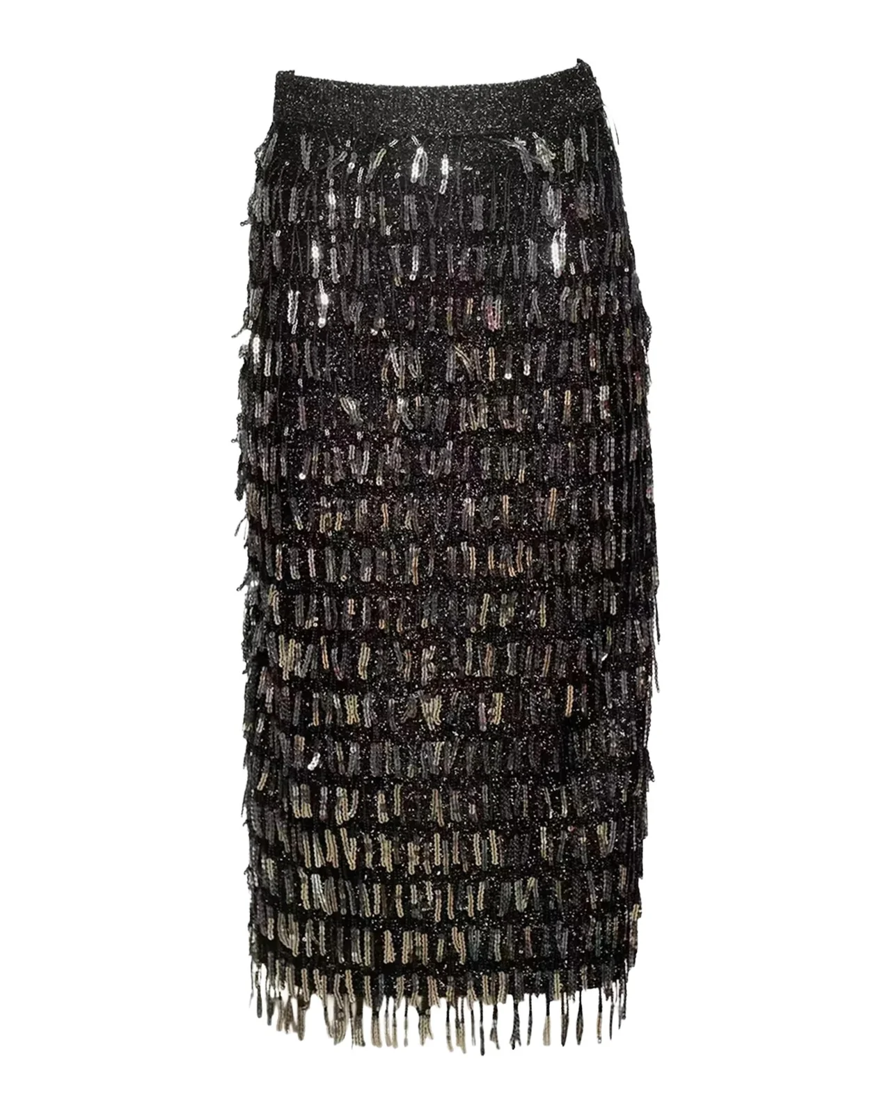 Frances Valentine Shimmy Sequin Fringe Knit Midi Skirt