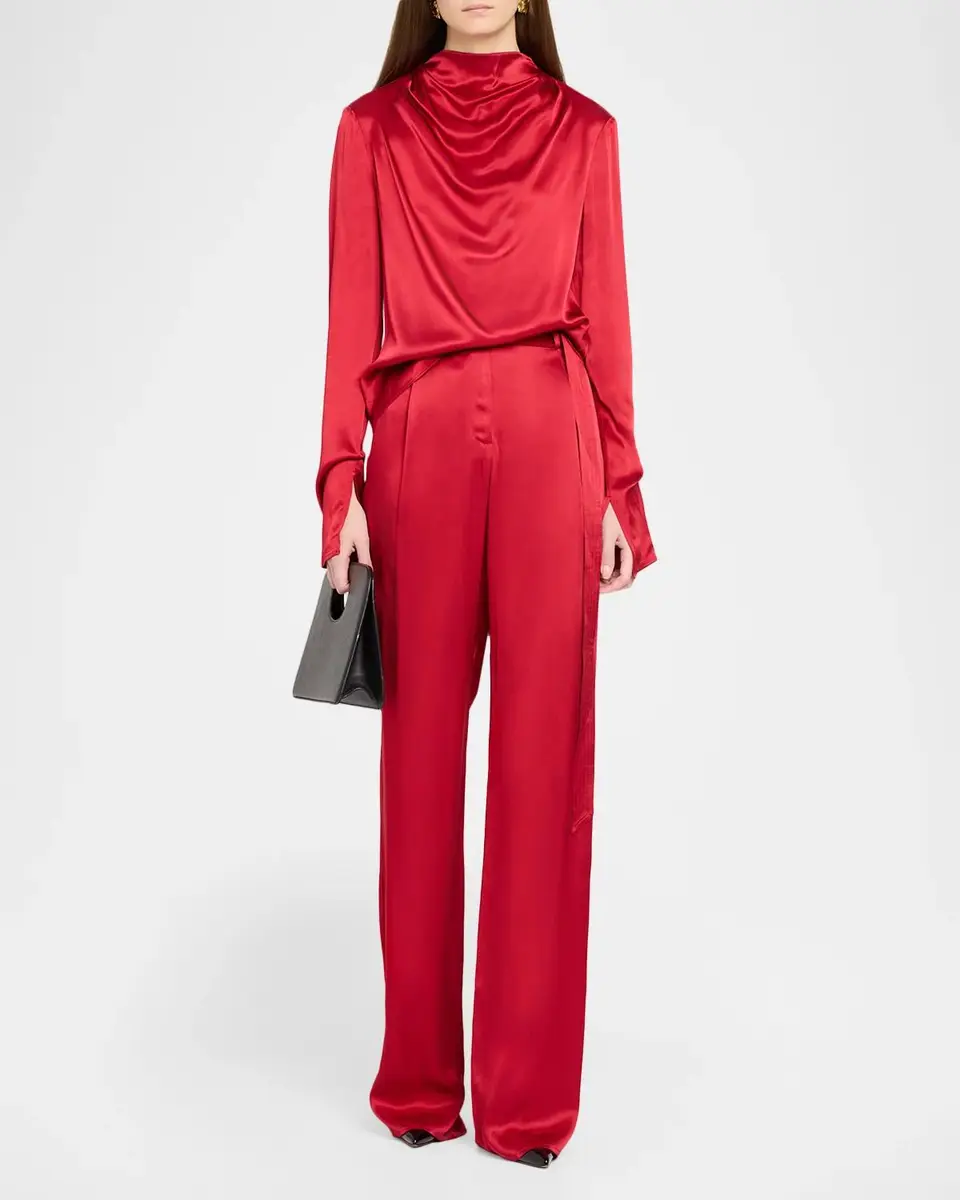 Lapointe Satin Draped Neck Long-Sleeve Blouse | Thumbnail 2 Lapointe Satin Draped Neck Long-Sleeve Blouse | Thumbnail 2