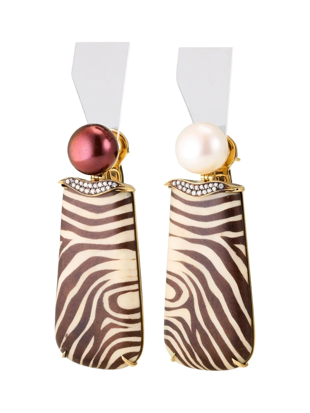 18K Zebra Marquetry Drop Earrings with Pearls and Diamonds