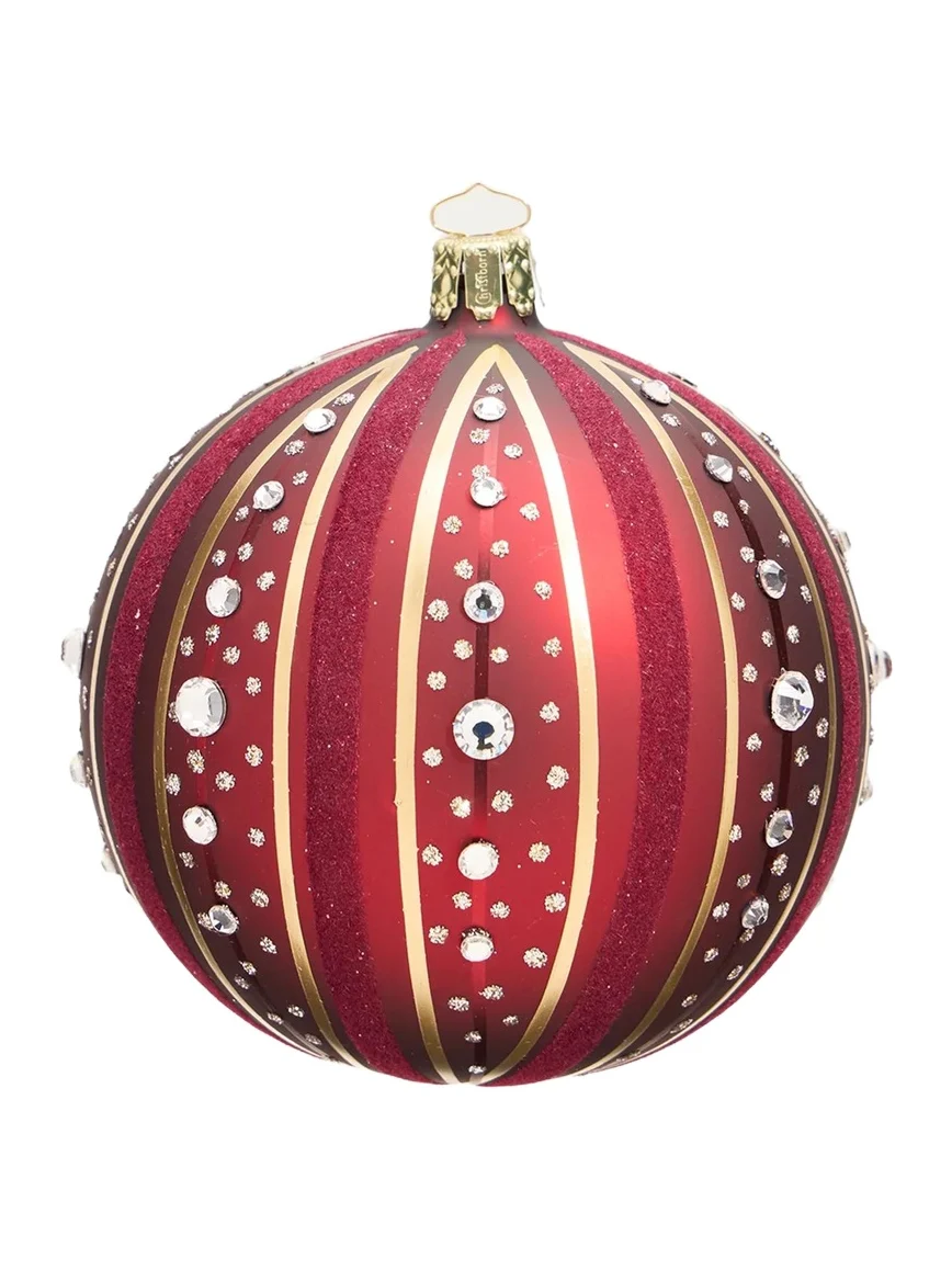 Bergdorf Goodman Glitter & Rhinestone Stripes on Burgundy Ball Christmas Ornament