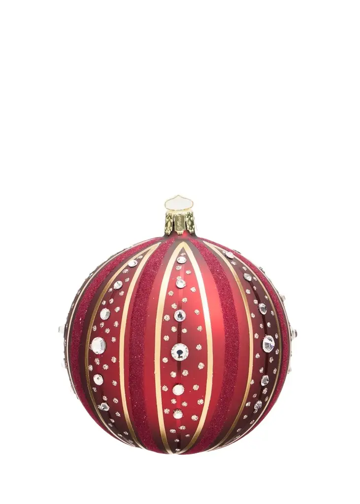Bergdorf Goodman Glitter & Rhinestone Stripes on Burgundy Ball Christmas Ornament