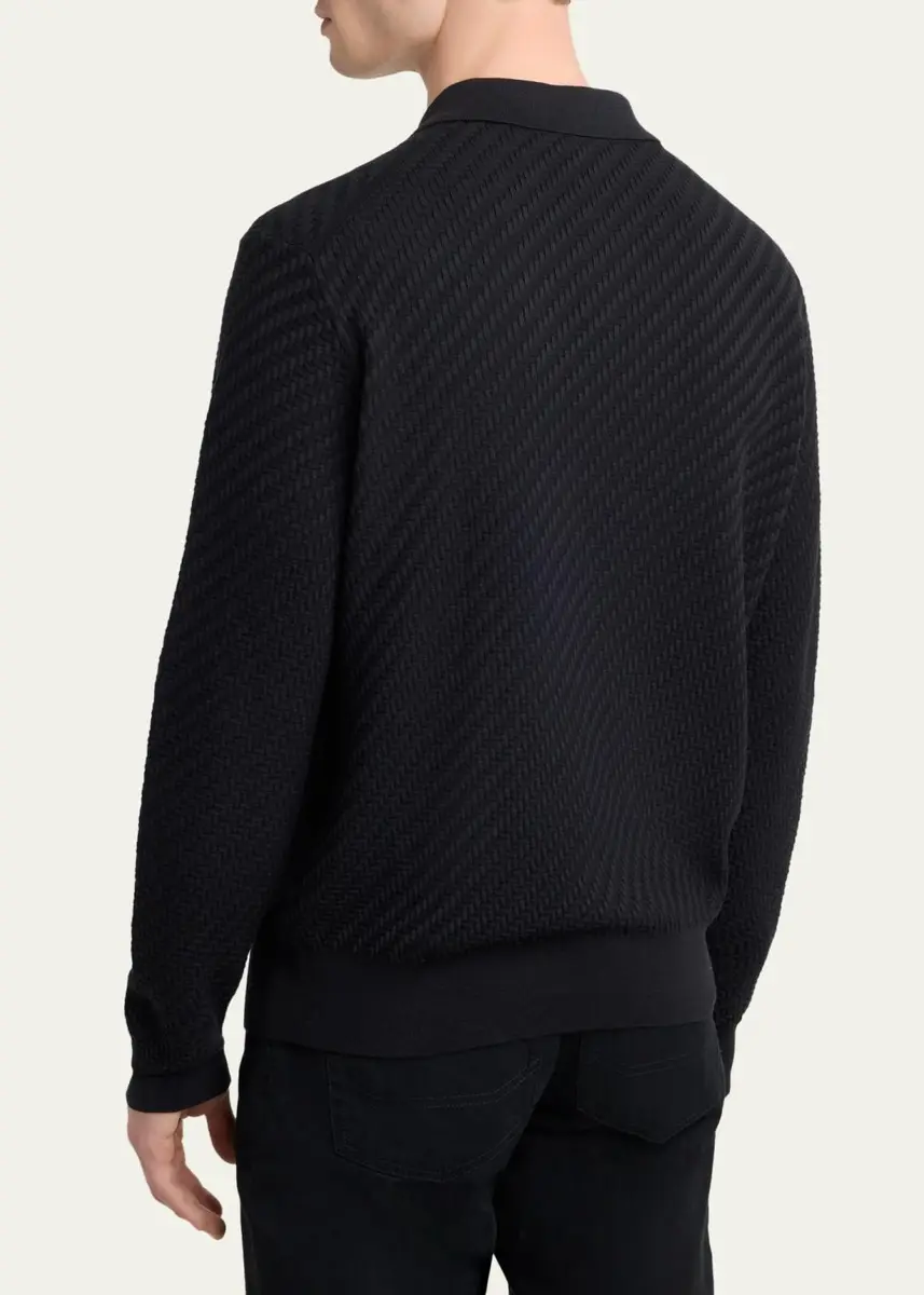 Brioni Men's Basketweave Polo Sweater | Thumbnail 3 Brioni Men's Basketweave Polo Sweater | Thumbnail 3
