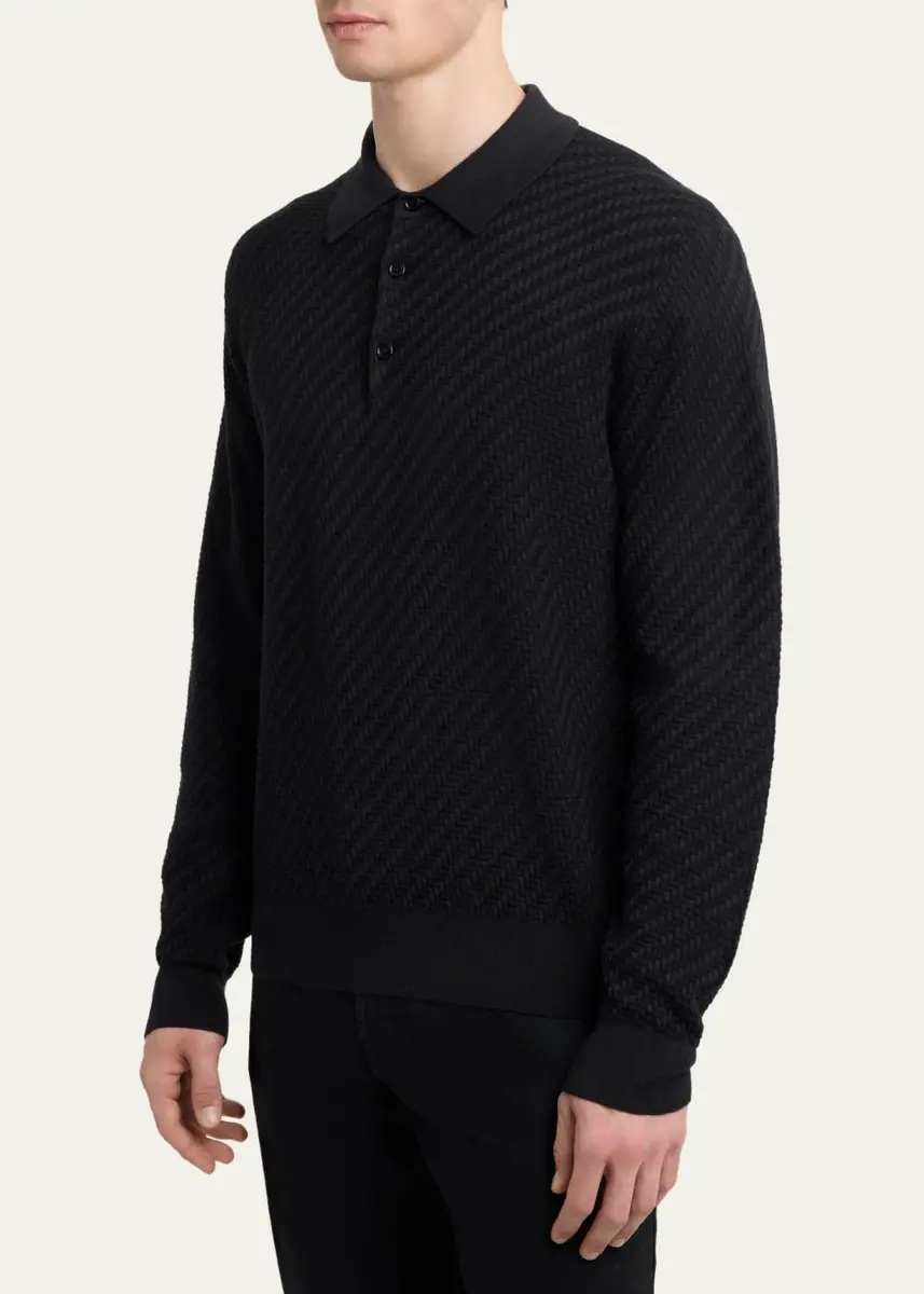 Brioni Men's Basketweave Polo Sweater | Thumbnail 4 Brioni Men's Basketweave Polo Sweater | Thumbnail 4