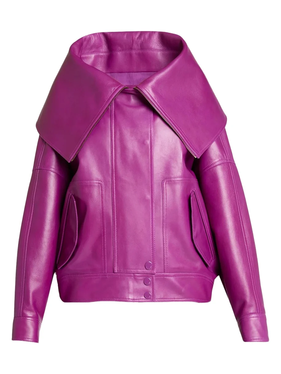 High-Collar Leather Bomber Jacket