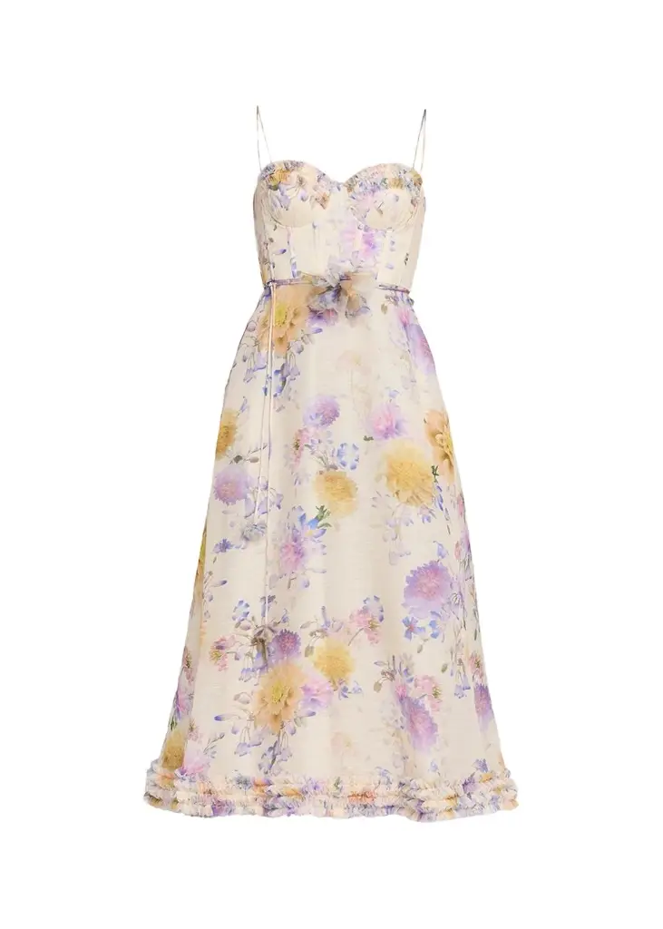 Zimmermann Kindred Spirit Luna Floral Linen Ruffle Midi Dress