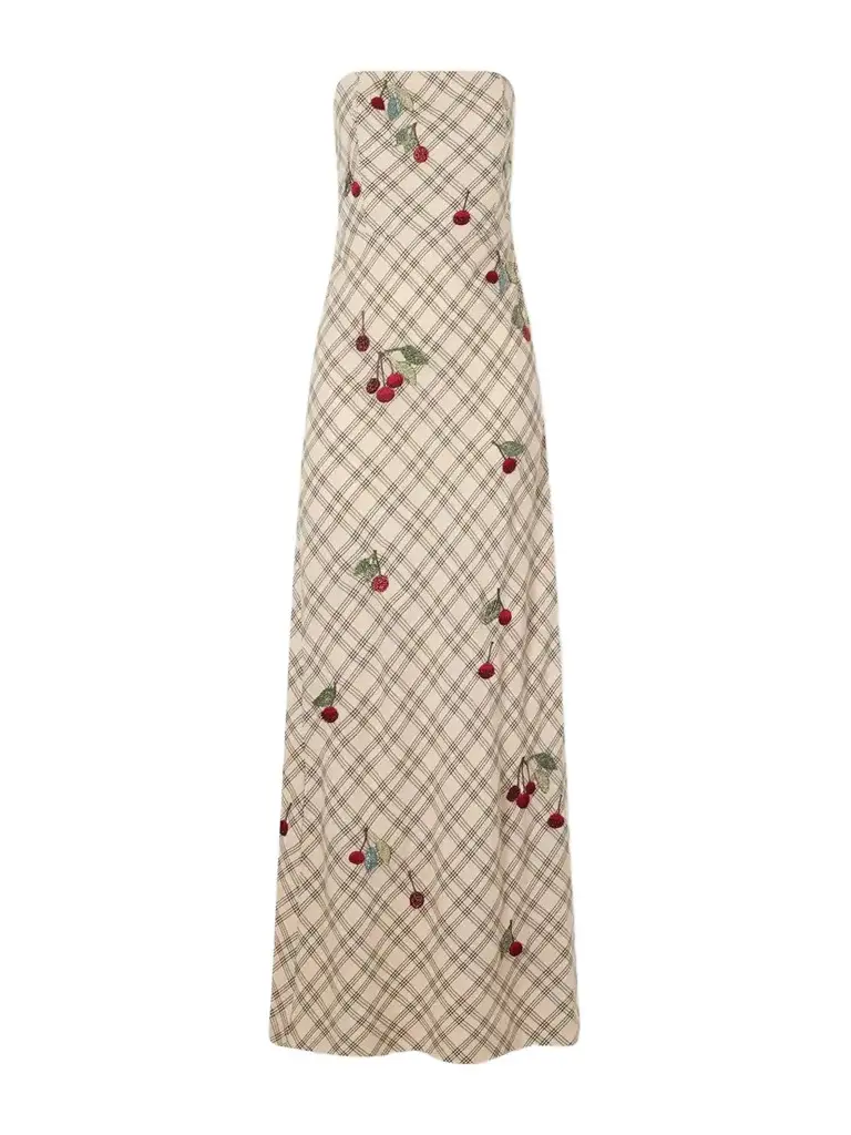 BERNADETTE Luna Bead-embellished Checked Wool-jacquard Bustier Gown