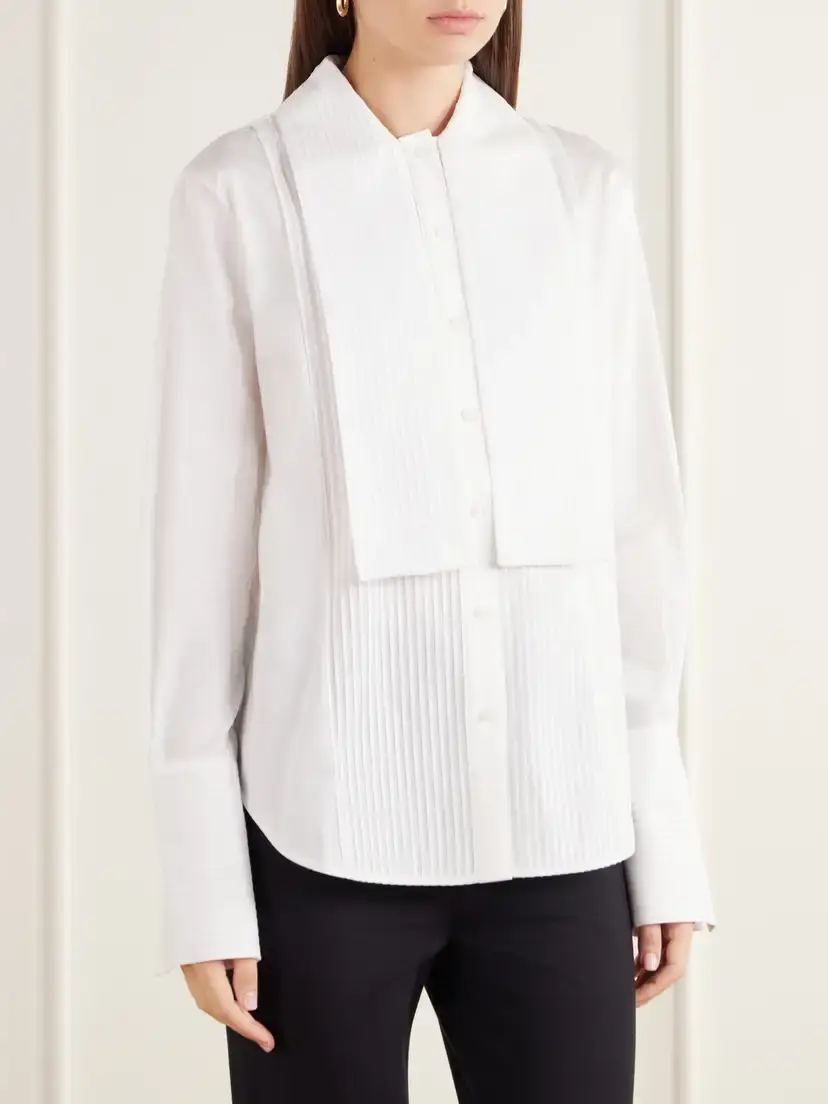 Brandon Maxwell Inex Scarf-detailed Pintucked Tuxedo Cotton-poplin Shirt | Thumbnail 3 Brandon Maxwell Inex Scarf-detailed Pintucked Tuxedo Cotton-poplin Shirt | Thumbnail 3