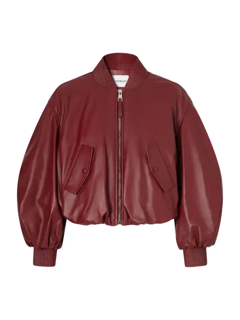 Cropped Gathered Leather Bomber Jacket Cropped Gathered Leather Bomber Jacket