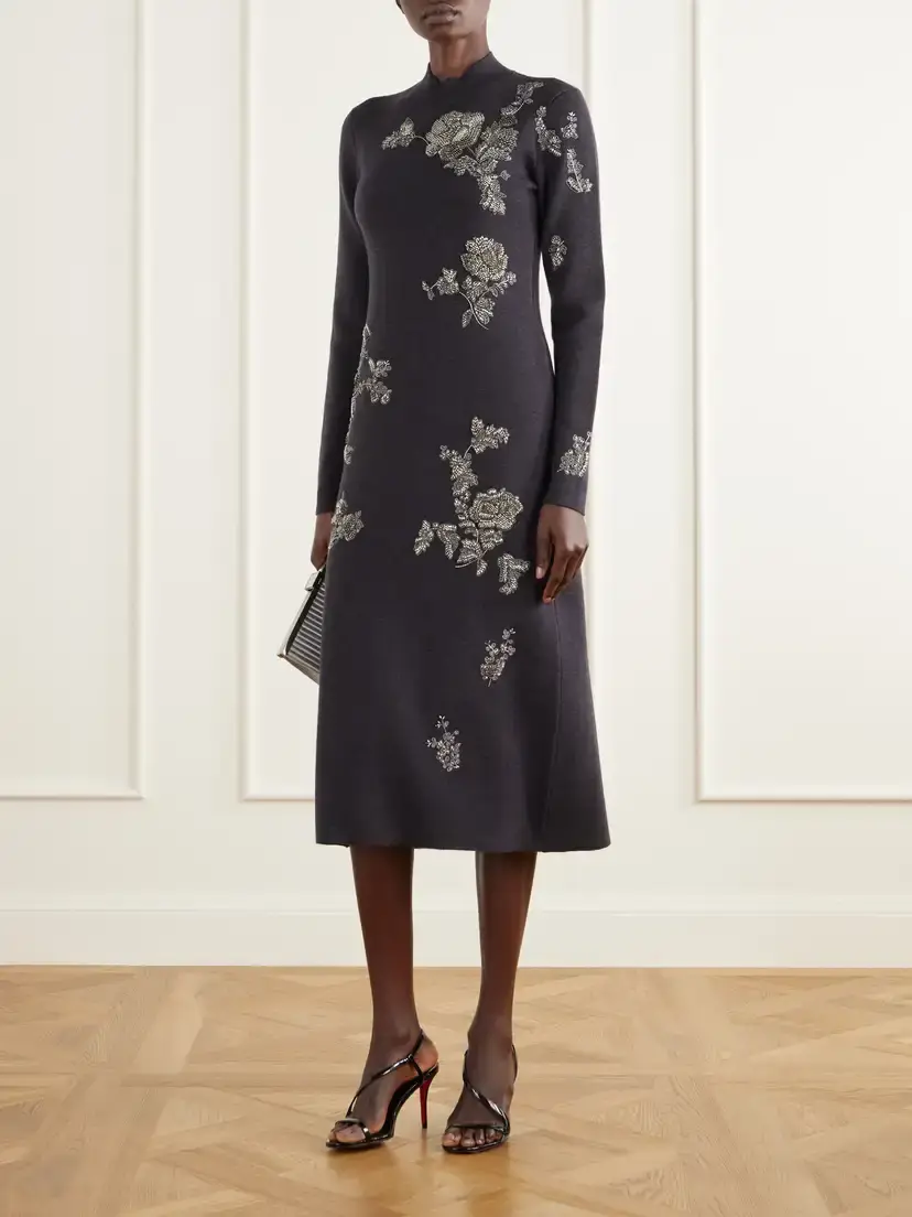 Oscar de la Renta Bead-embellished Embroidered Wool-blend Knitted Midi Dress | Thumbnail 2