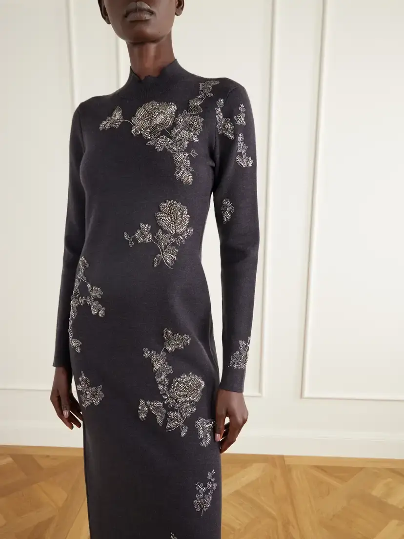 Oscar de la Renta Bead-embellished Embroidered Wool-blend Knitted Midi Dress | Thumbnail 4