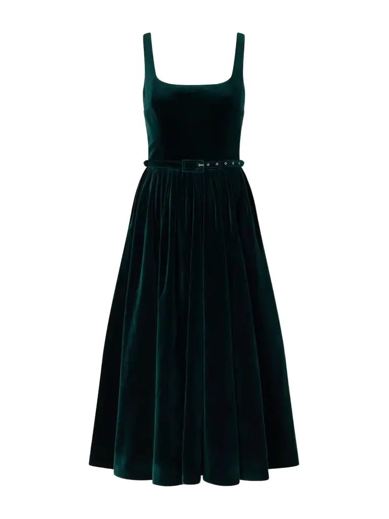 Eagle Belted Pleated Cotton-velvet Midi Dress