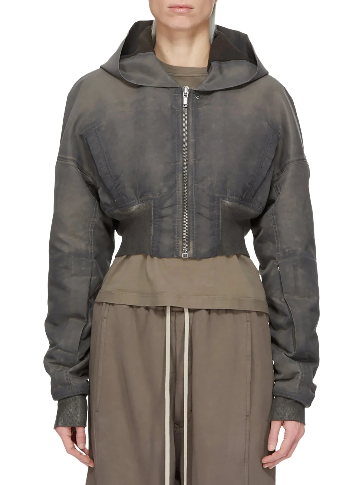 RICK OWENS DRKSHDW Washed Nylon Hooded Cropped Flight in Dark Dust