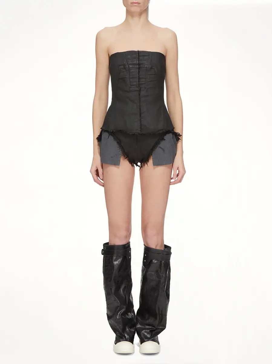 RICK OWENS DRKSHDW Stretch Denim Dirt Cutoffs in Black Wax | Thumbnail 8