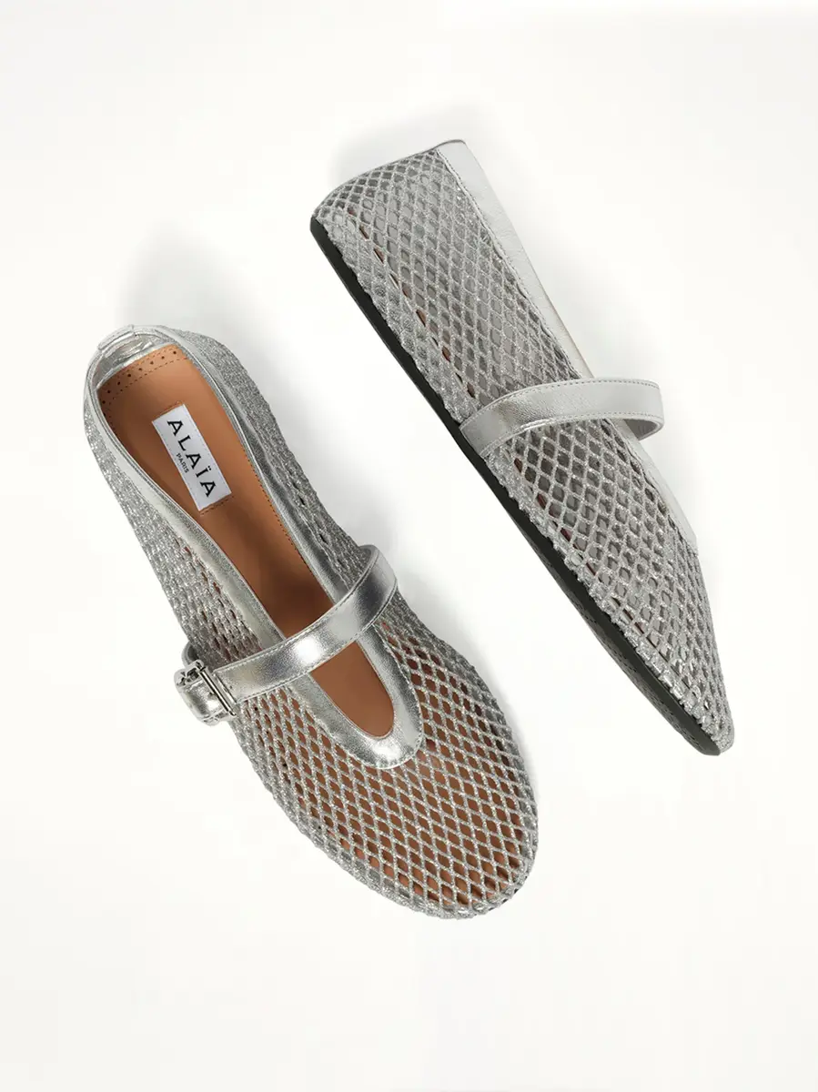 Alaïa Ballet Laminated Fishnet Flats in White/silver | Thumbnail 4