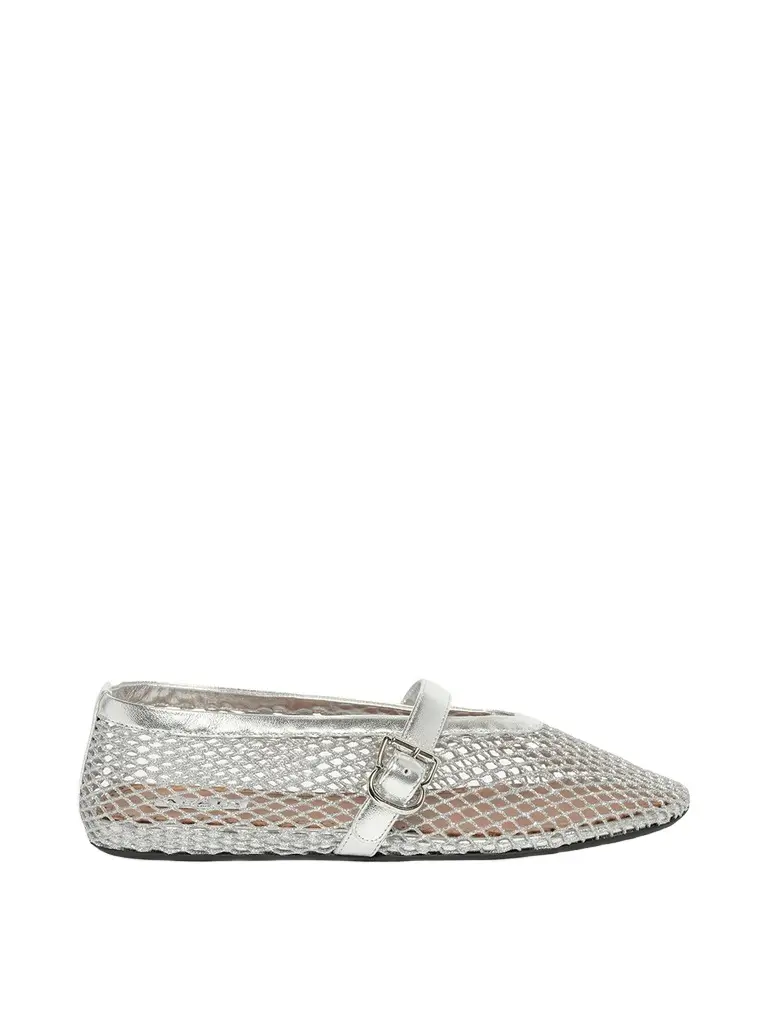 Alaïa Ballet Laminated Fishnet Flats in White/silver