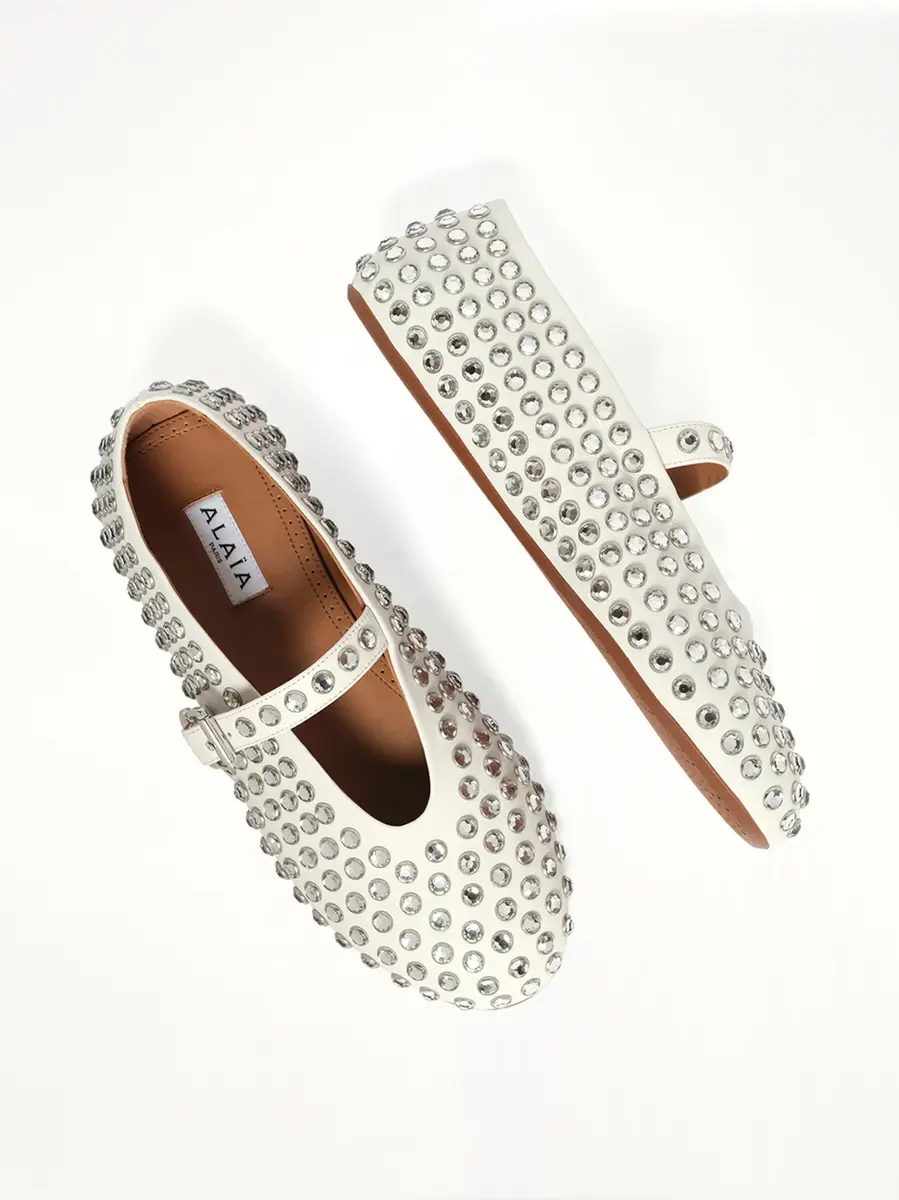 ALAÏA Ballet Strass Lambskin Flats in Off White | Thumbnail 4