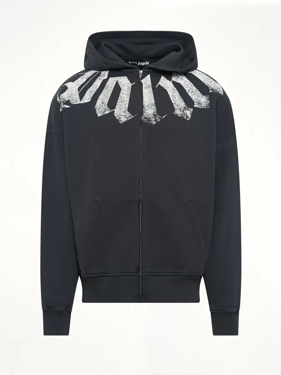 Palm Angels Big Neck Logo Zip Loose Hoodie in Black/off White | Thumbnail 2 Palm Angels Big Neck Logo Zip Loose Hoodie in Black/off White | Thumbnail 2
