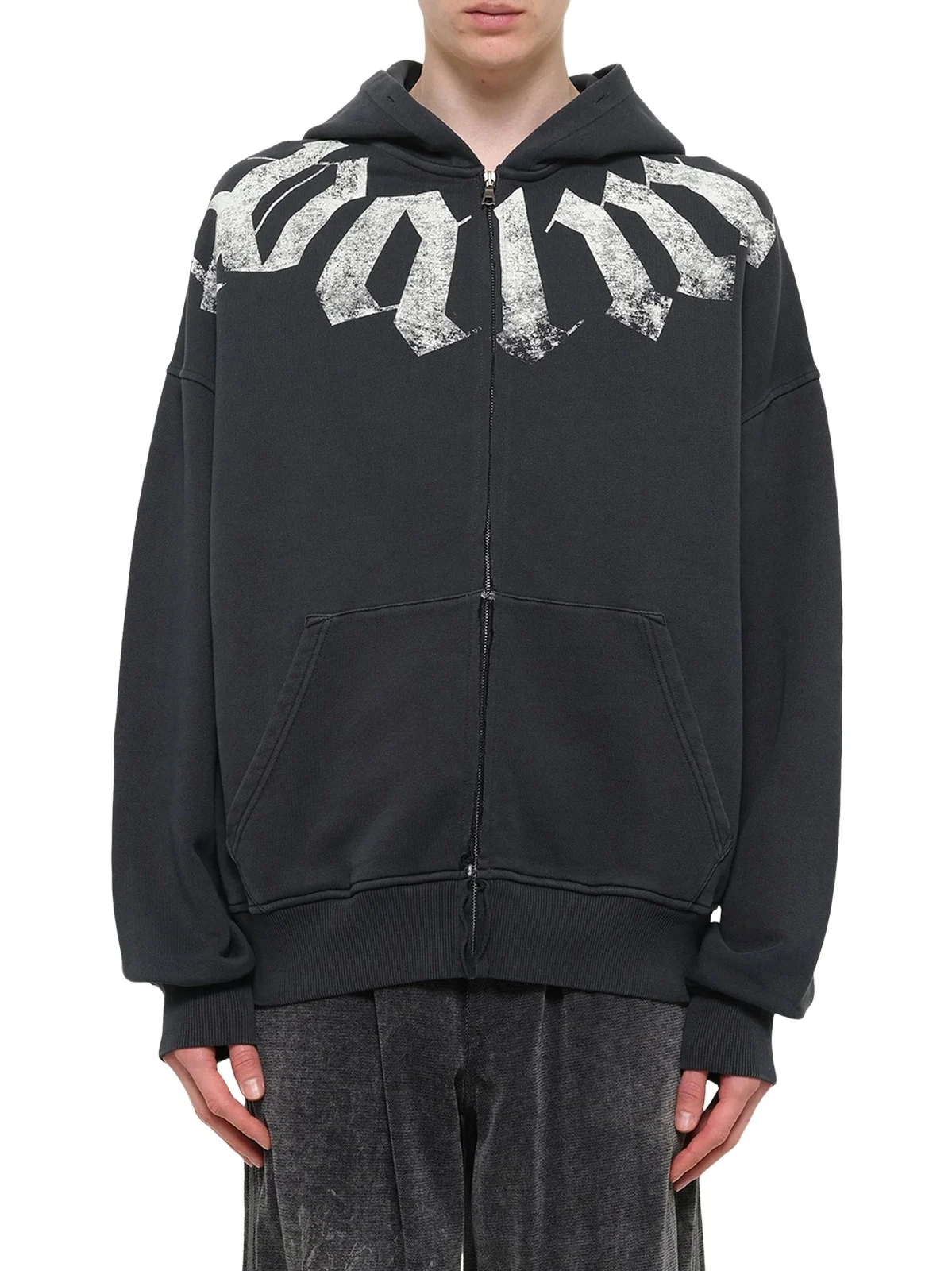 Big Neck Logo Zip Loose Hoodie in Black/off White Big Neck Logo Zip Loose Hoodie in Black/off White