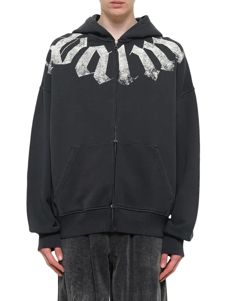 Big Neck Logo Zip Loose Hoodie in Black/off White Big Neck Logo Zip Loose Hoodie in Black/off White