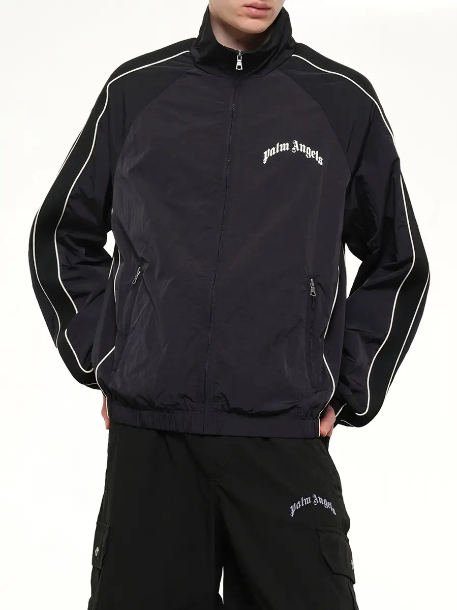 Palm Angels Curved Logo Windbreaker in Black/off White | Thumbnail 6 Palm Angels Curved Logo Windbreaker in Black/off White | Thumbnail 6