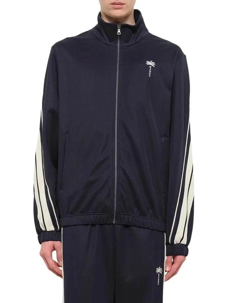 Palm Tree Striped Track Jacket in Navy Blue/off White