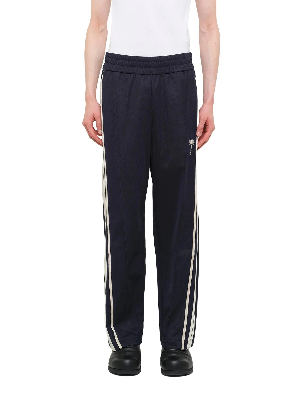 Palm Tree Striped Track Pants in Navy Blue/off White