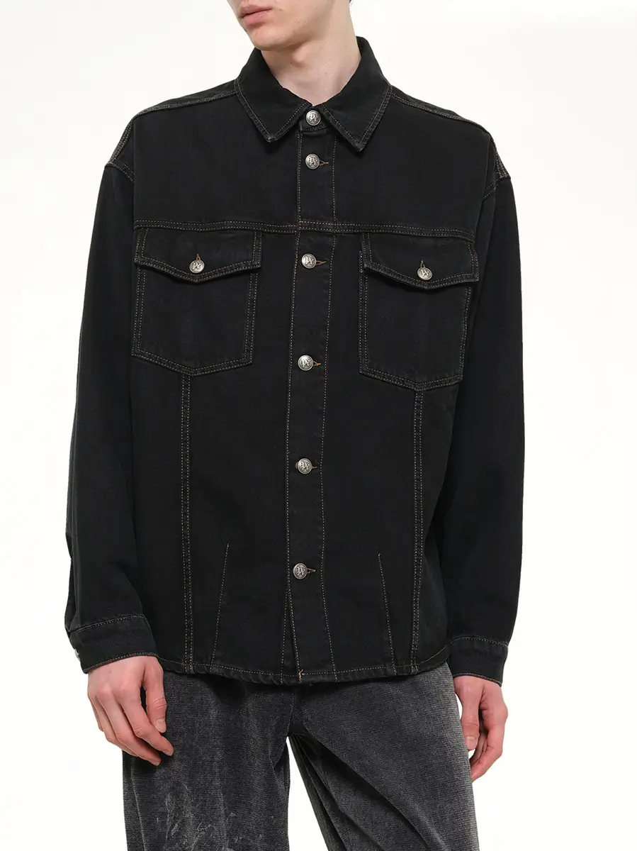 Palm Angels Classic Logo Faded Denim Shirt in Black/off White | Thumbnail 6 Palm Angels Classic Logo Faded Denim Shirt in Black/off White | Thumbnail 6